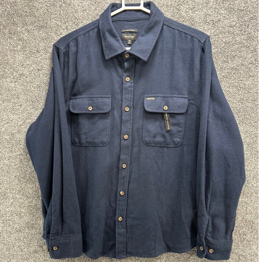 Brixton Bowery Flannel Shirt Mens Medium Navy Blue Vegan Wool Standard Fit NWT